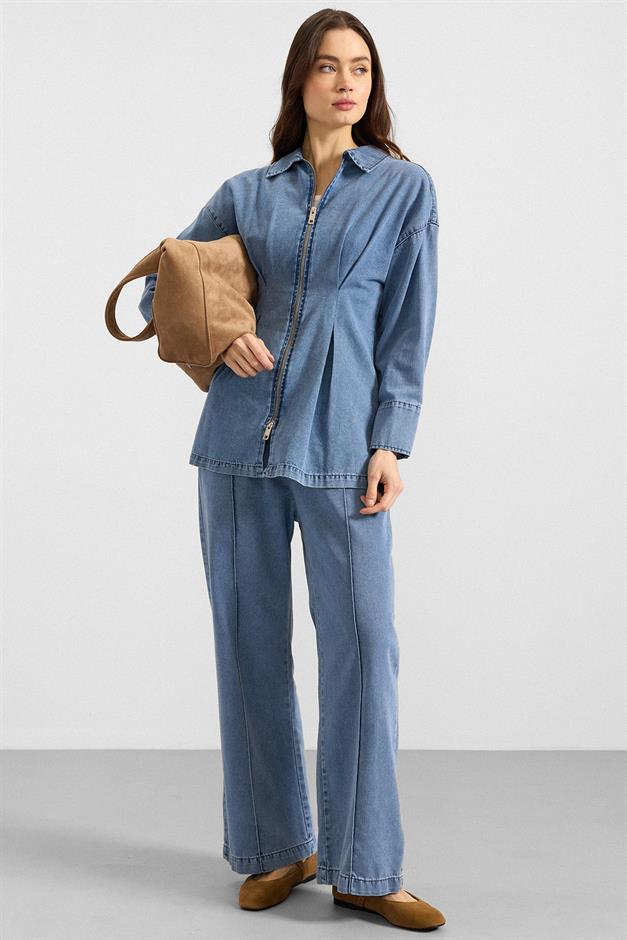 Fermuar ve Pens Detaylı Ceket Pantolon Denim İkili Takım AÇIK MAVİ 9396-TK