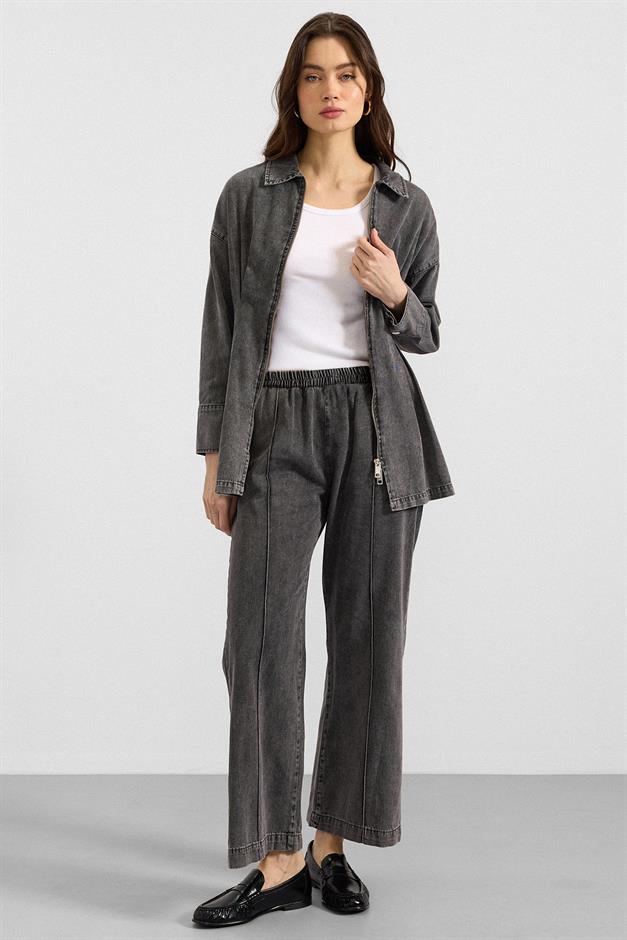 Fermuar ve Pens Detaylı Ceket Pantolon Denim İkili Takım GRİ 9396-TK