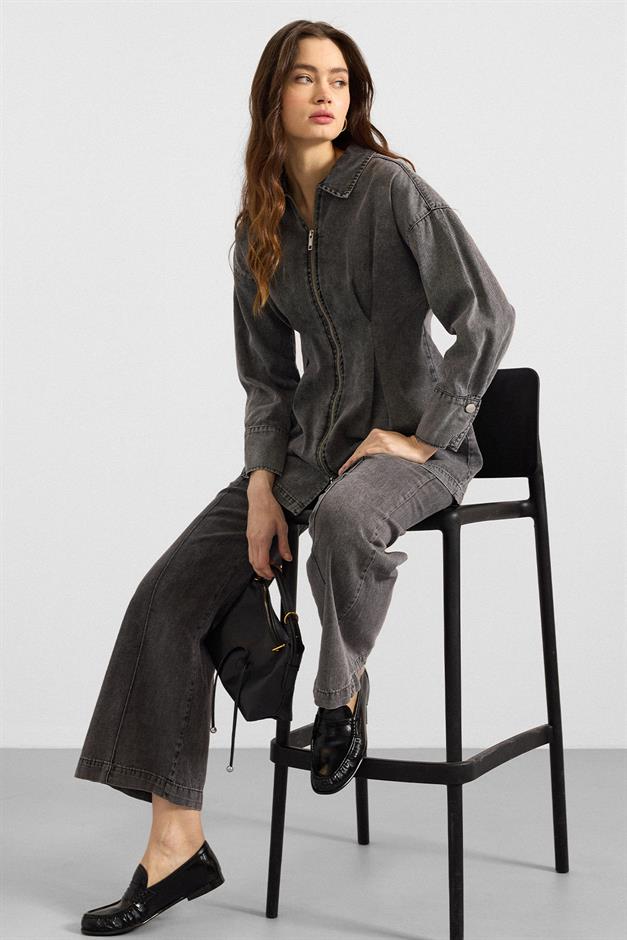 Fermuar ve Pens Detaylı Ceket Pantolon Denim İkili Takım GRİ 9396-TK