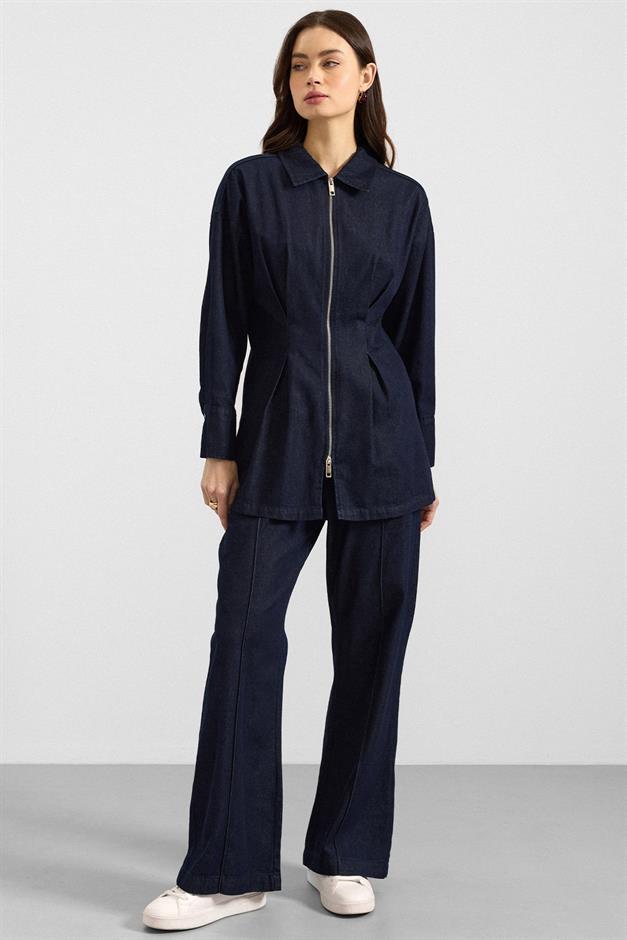 Fermuar ve Pens Detaylı Ceket Pantolon Denim İkili Takım LACİVERT 9396-TK