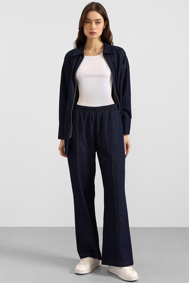 Fermuar ve Pens Detaylı Ceket Pantolon Denim İkili Takım LACİVERT 9396-TK