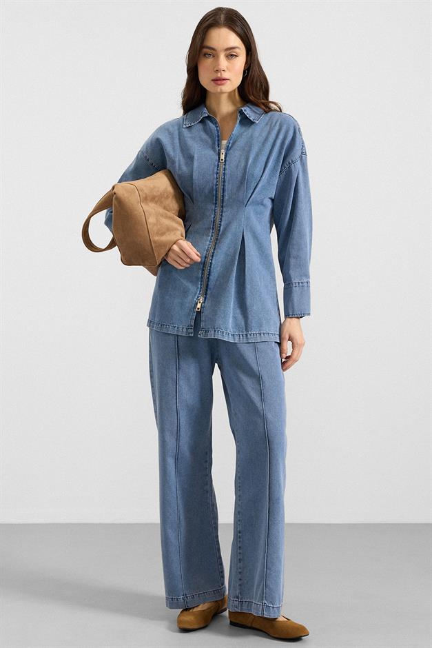 Fermuar ve Pens Detaylı Ceket Pantolon Denim İkili Takım AÇIK MAVİ 9396-TK