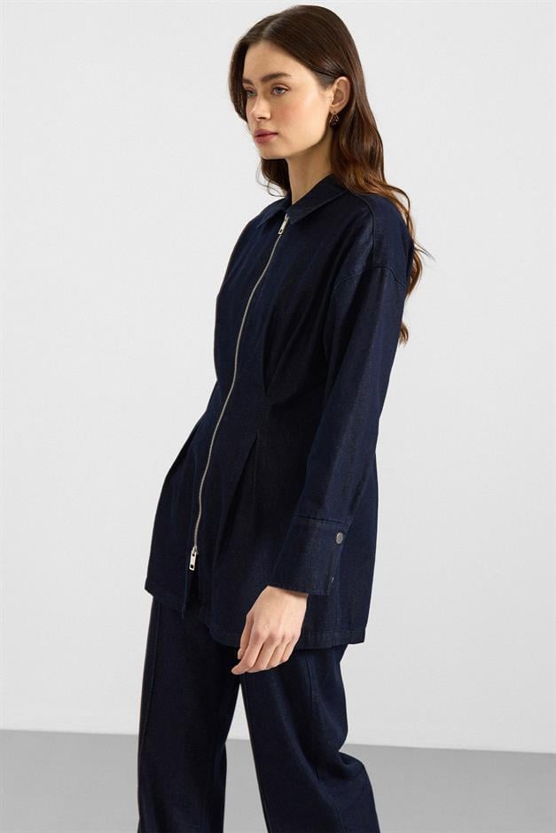 Fermuar ve Pens Detaylı Ceket Pantolon Denim İkili Takım LACİVERT 9396-TK