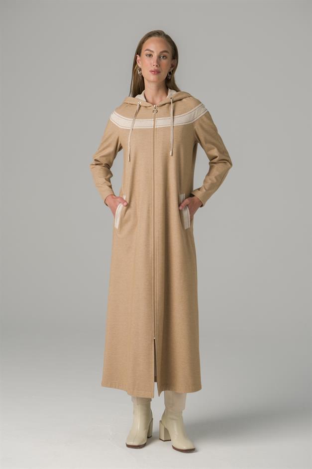 Zippered Garni Detailed Thick Knitted Unlined Coat CAMEL 6279