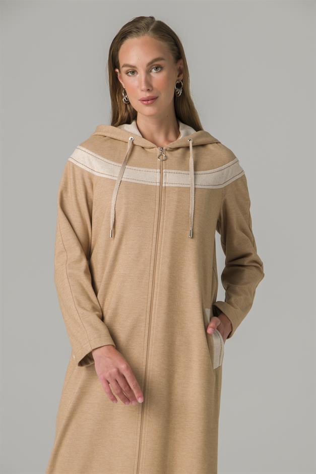 Zippered Garni Detailed Thick Knitted Unlined Coat CAMEL 6279