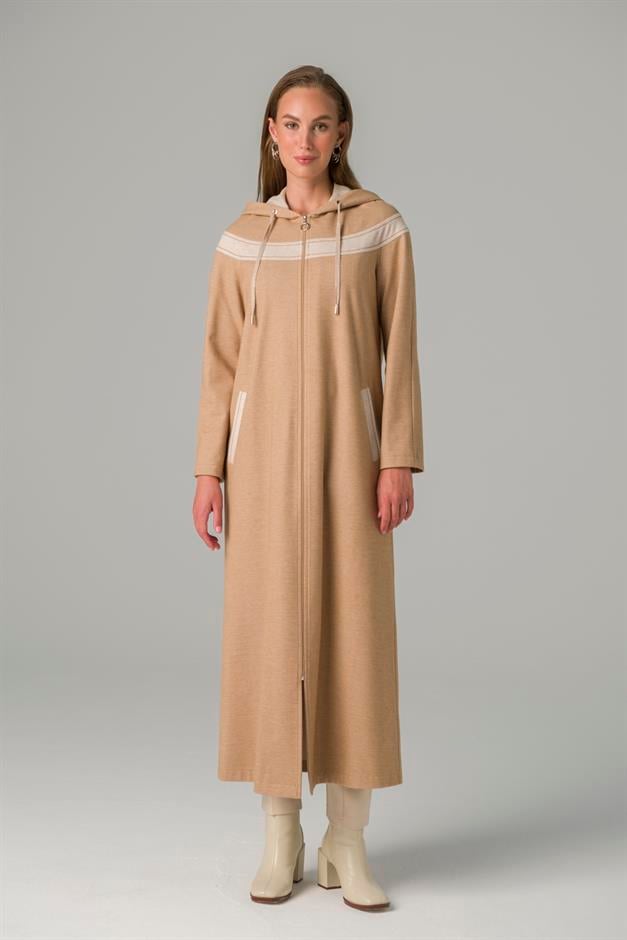 Zippered Garni Detailed Thick Knitted Unlined Coat CAMEL 6279