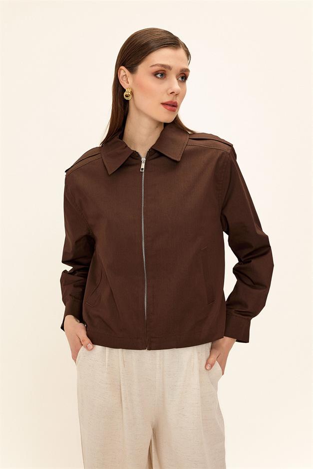Short Gabardine Jacket with Zipper COFFEE 8260