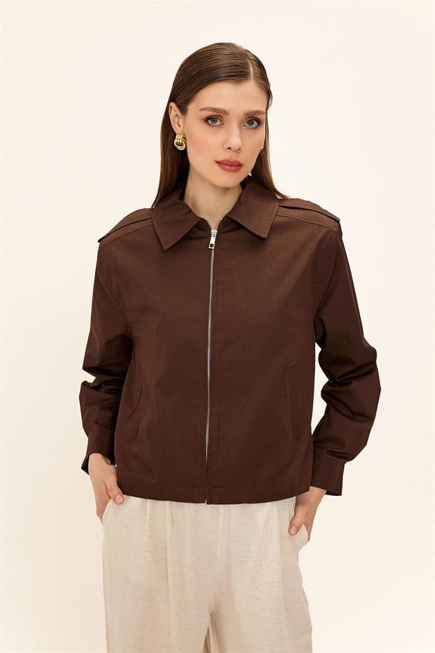 Short Gabardine Jacket with Zipper COFFEE 8260