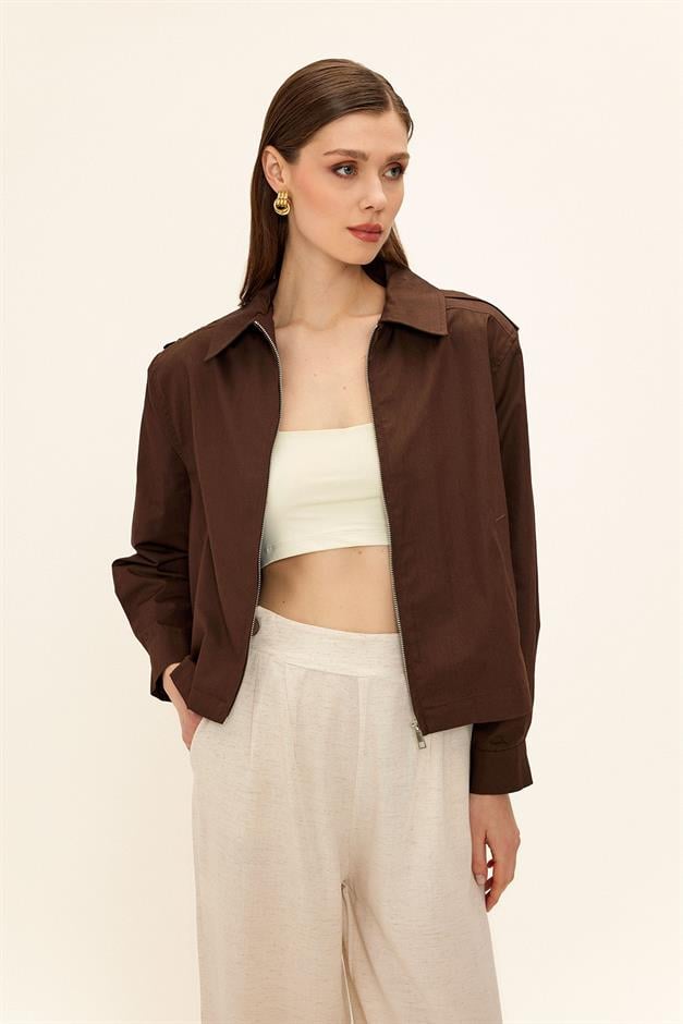 Short Gabardine Jacket with Zipper COFFEE 8260