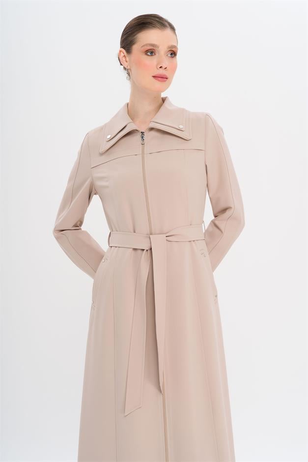 Fermuarlı Metal Aksesuarlı Astarlı Pardesü BEJ 6722