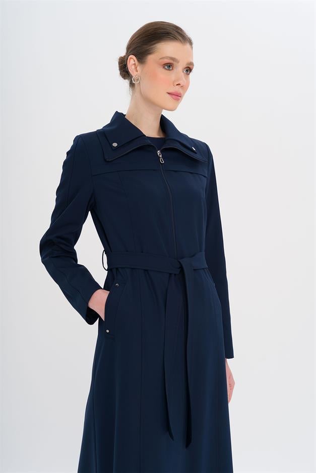 Fermuarlı Metal Aksesuarlı Astarlı Pardesü LACİVERT 6722