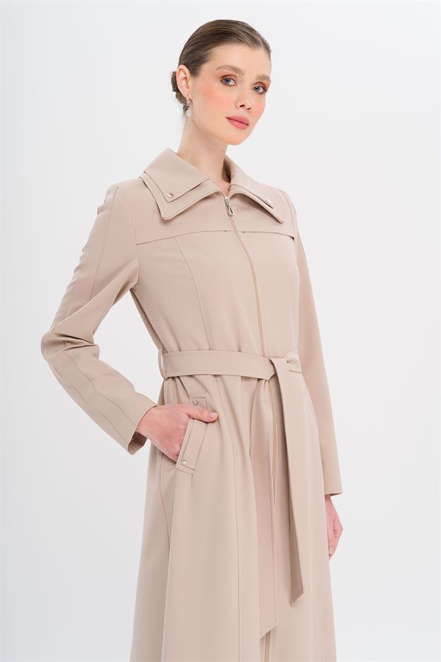 Fermuarlı Metal Aksesuarlı Astarlı Pardesü BEJ 6722