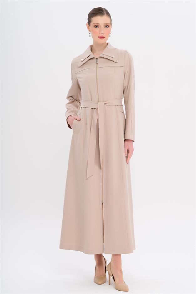 Fermuarlı Metal Aksesuarlı Astarlı Pardesü BEJ 6722