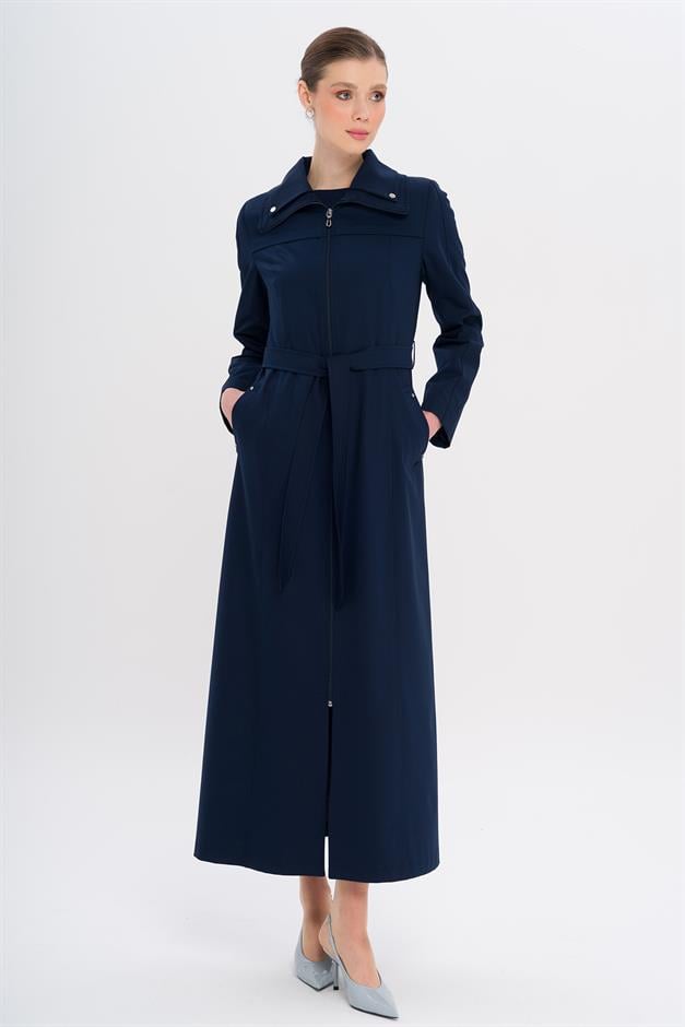 Fermuarlı Metal Aksesuarlı Astarlı Pardesü LACİVERT 6722