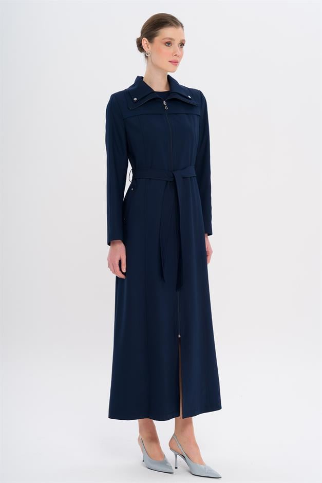 Fermuarlı Metal Aksesuarlı Astarlı Pardesü LACİVERT 6722