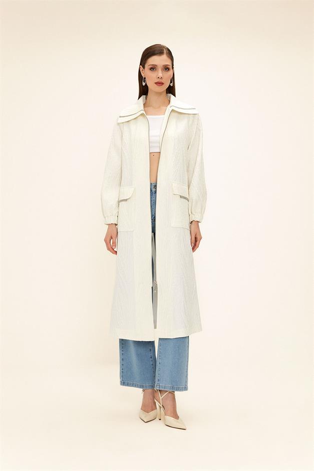 Zippered Stone Chain Detailed Lined Glittery Jacquard Coat IVORY 6726