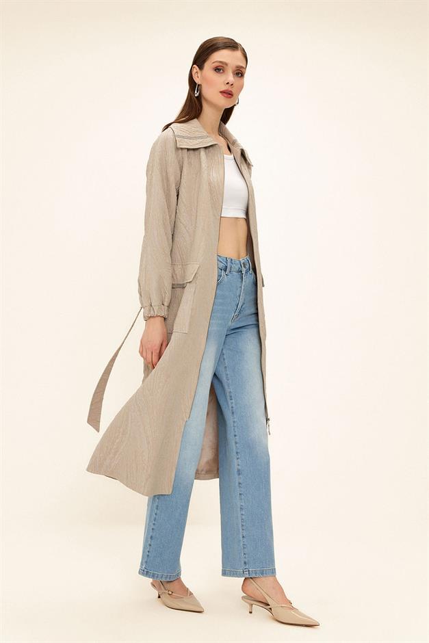 Zippered Stone Chain Detailed Lined Glittery Jacquard Coat STONE 6726