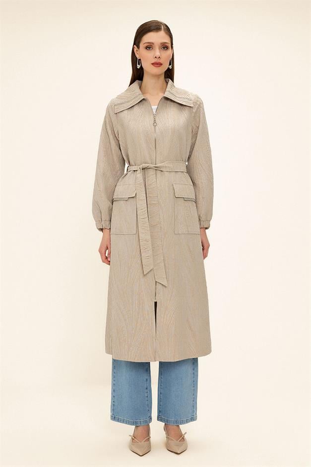 Zippered Stone Chain Detailed Lined Glittery Jacquard Coat STONE 6726