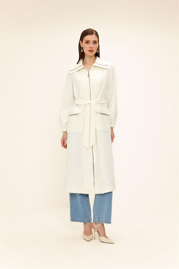 Zippered Stone Chain Detailed Lined Glittery Jacquard Coat IVORY 6726