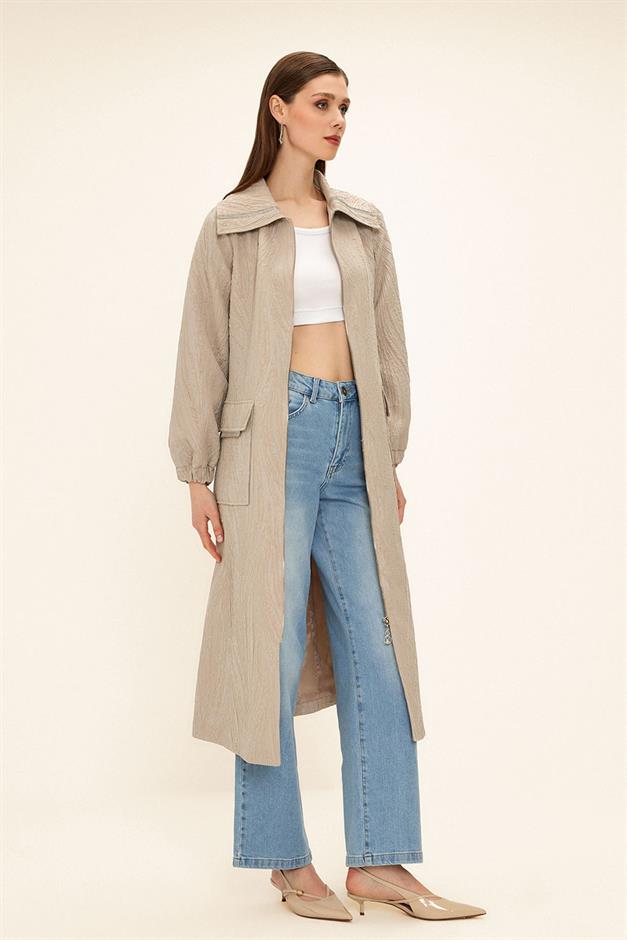 Zippered Stone Chain Detailed Lined Glittery Jacquard Coat STONE 6726