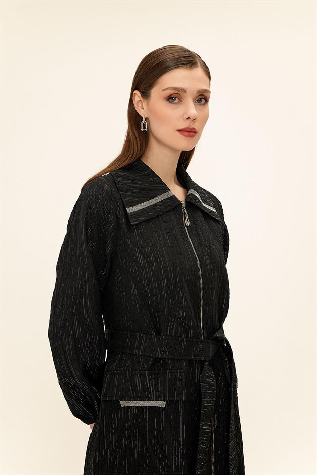 Zippered Stone Chain Detailed Lined Glittery Jacquard Coat BLACK 6726