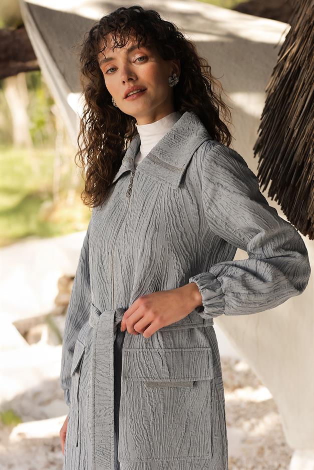 Zippered Stone Chain Detailed Lined Glittery Jacquard Coat BLUE 6726