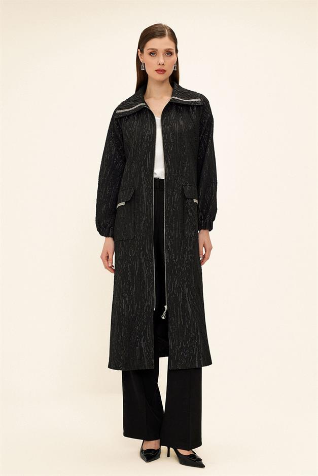 Zippered Stone Chain Detailed Lined Glittery Jacquard Coat BLACK 6726