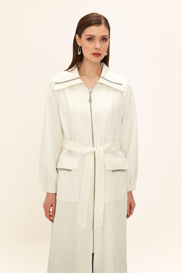 Zippered Stone Chain Detailed Lined Glittery Jacquard Coat IVORY 6726