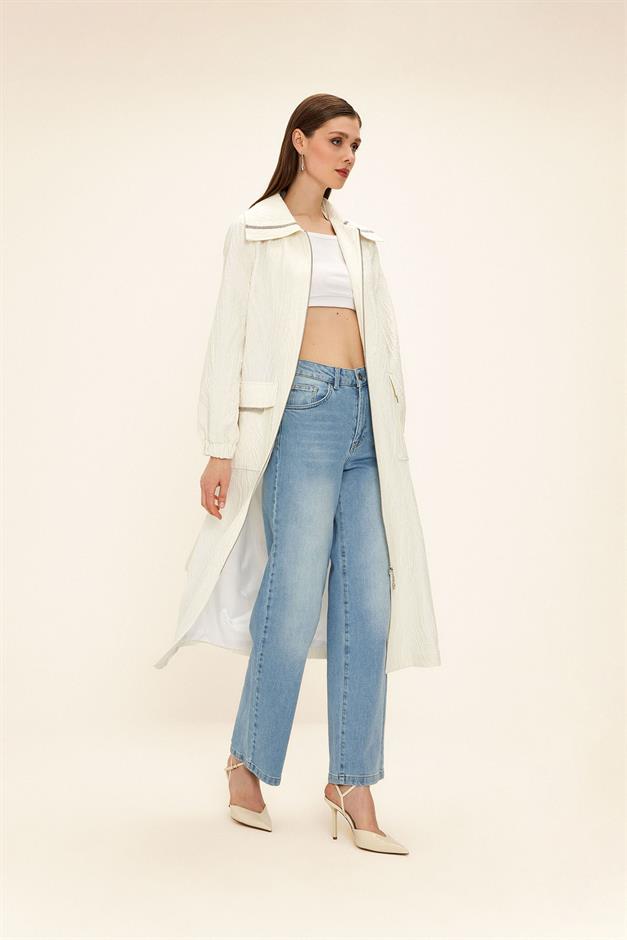 Zippered Stone Chain Detailed Lined Glittery Jacquard Coat IVORY 6726