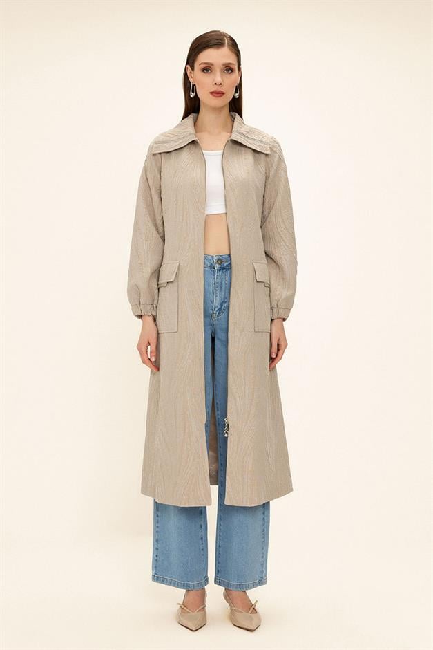 Zippered Stone Chain Detailed Lined Glittery Jacquard Coat STONE 6726