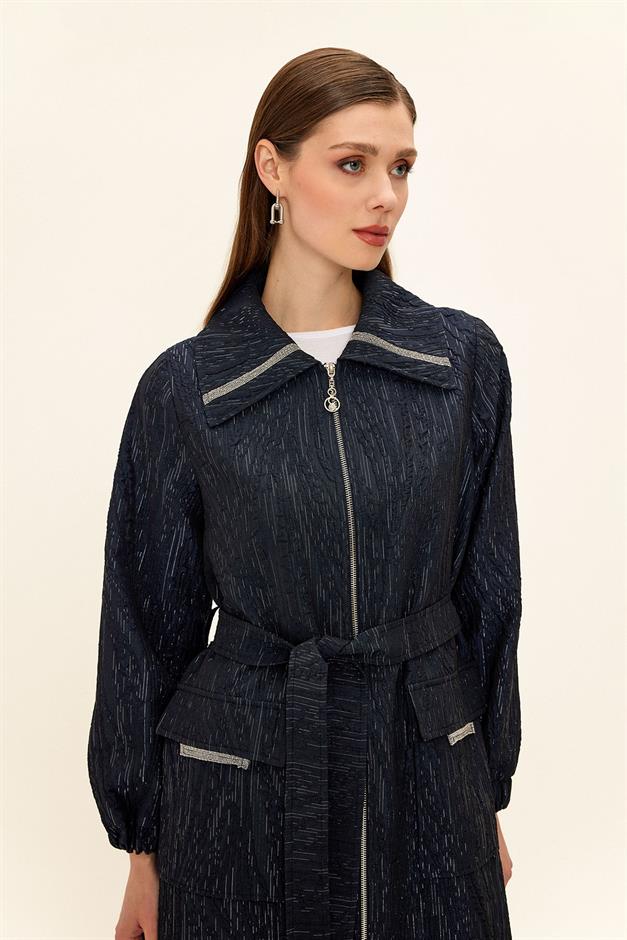 Zippered Stone Chain Detailed Lined Glittery Jacquard Coat NAVY 6726