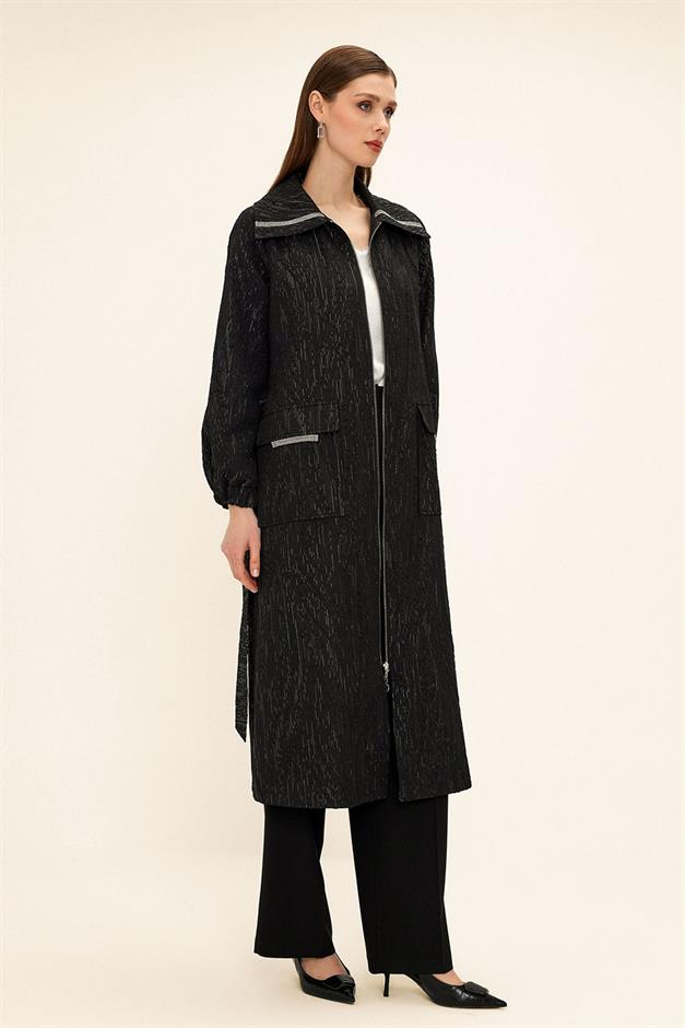 Zippered Stone Chain Detailed Lined Glittery Jacquard Coat BLACK 6726