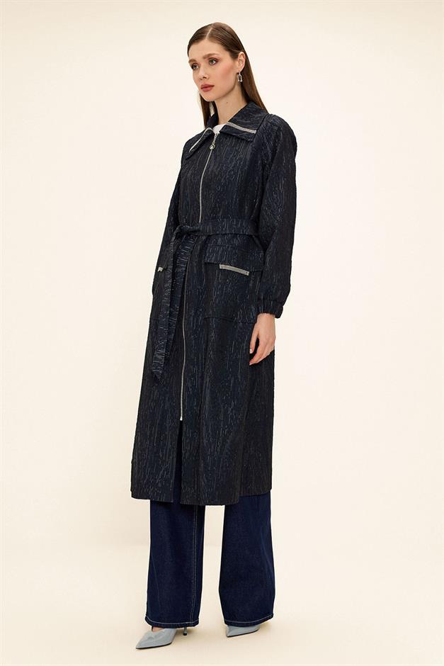 Zippered Stone Chain Detailed Lined Glittery Jacquard Coat NAVY 6726