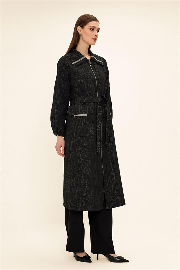 Zippered Stone Chain Detailed Lined Glittery Jacquard Coat BLACK 6726