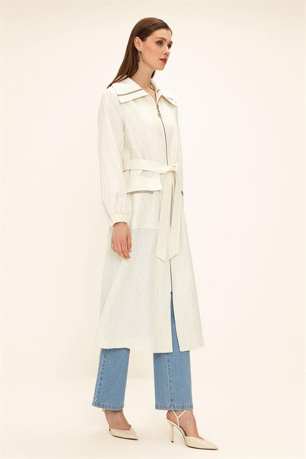 Zippered Stone Chain Detailed Lined Glittery Jacquard Coat IVORY 6726