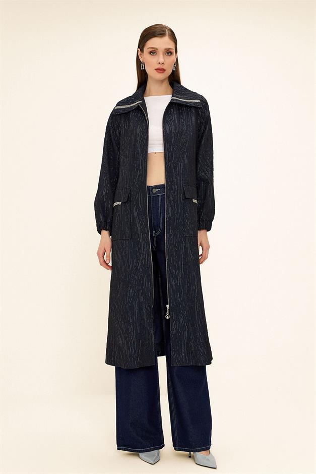 Zippered Stone Chain Detailed Lined Glittery Jacquard Coat NAVY 6726