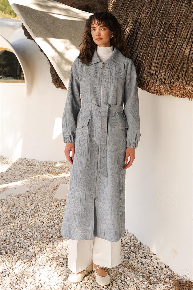 Zippered Stone Chain Detailed Lined Glittery Jacquard Coat BLUE 6726