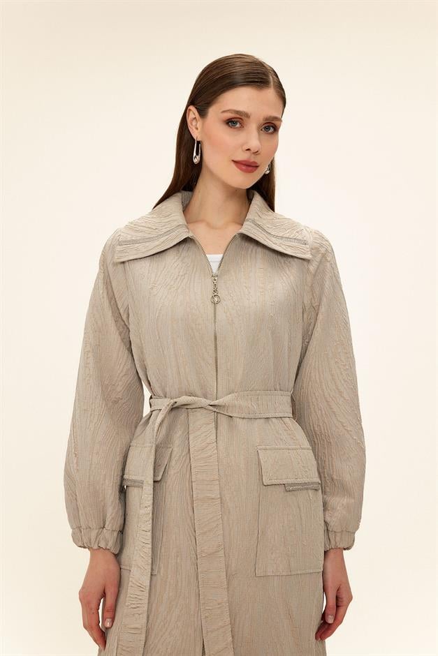 Zippered Stone Chain Detailed Lined Glittery Jacquard Coat STONE 6726
