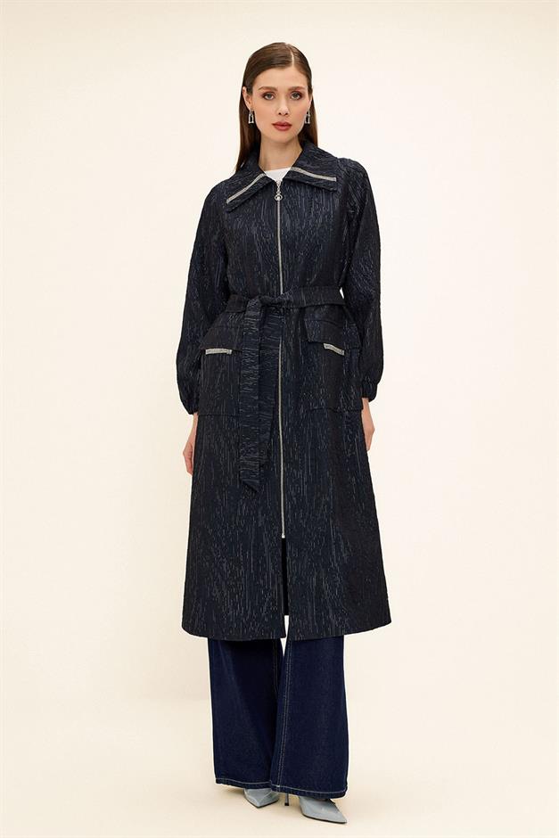 Zippered Stone Chain Detailed Lined Glittery Jacquard Coat NAVY 6726