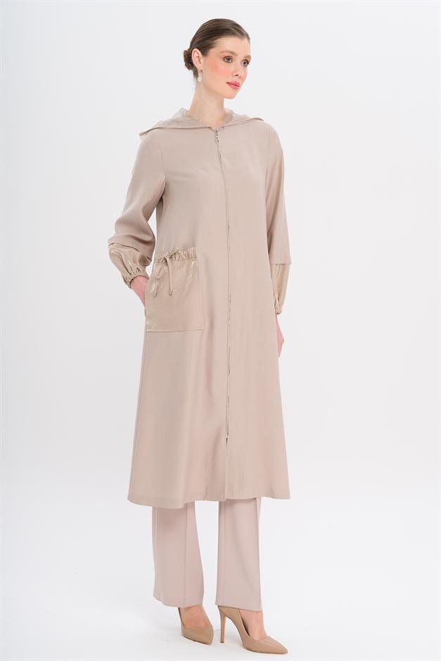 Mesh Hooded Garni Detailed Unlined Modal Coat STONE 6748