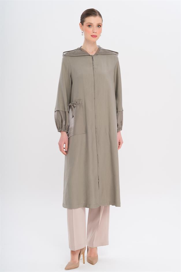 Mesh Hooded Garni Detailed Unlined Modal Coat GREY 6748
