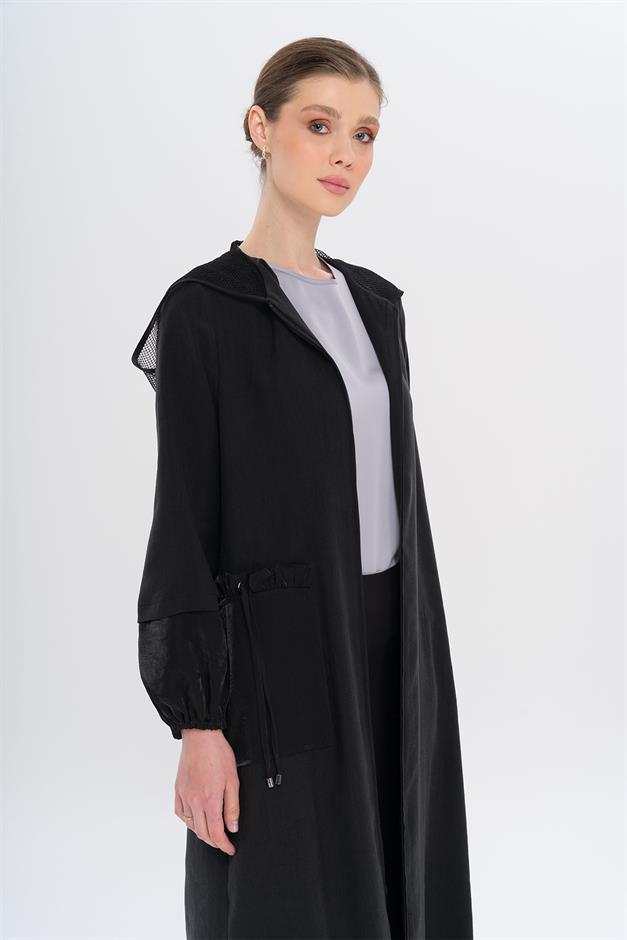 Mesh Hooded Garni Detailed Unlined Modal Coat BLACK 6748