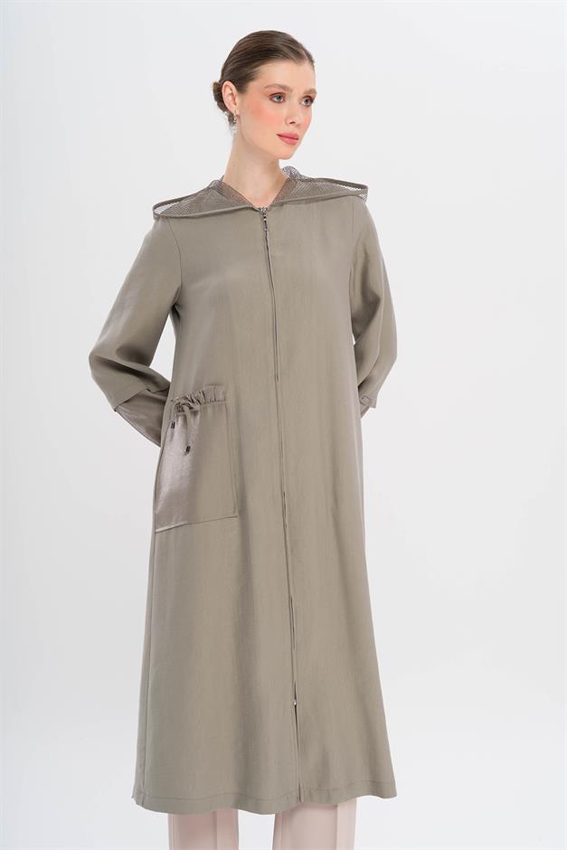 Mesh Hooded Garni Detailed Unlined Modal Coat GREY 6748