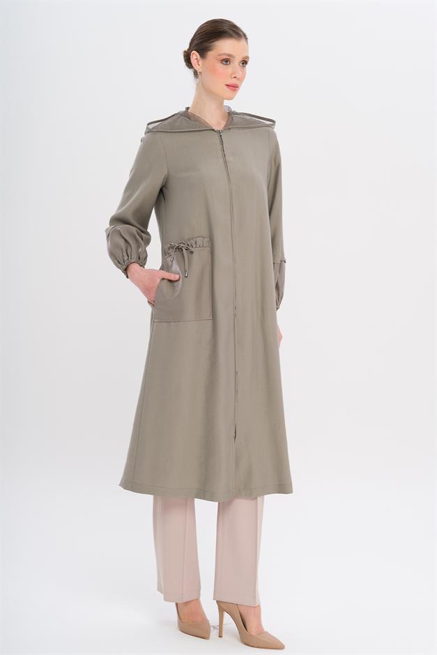 Mesh Hooded Garni Detailed Unlined Modal Coat GREY 6748