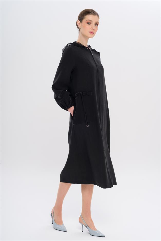 Mesh Hooded Garni Detailed Unlined Modal Coat BLACK 6748