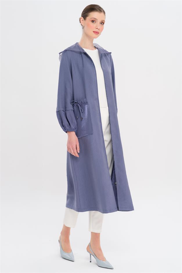Mesh Hooded Garni Detailed Unlined Modal Coat İNDİGO 6748