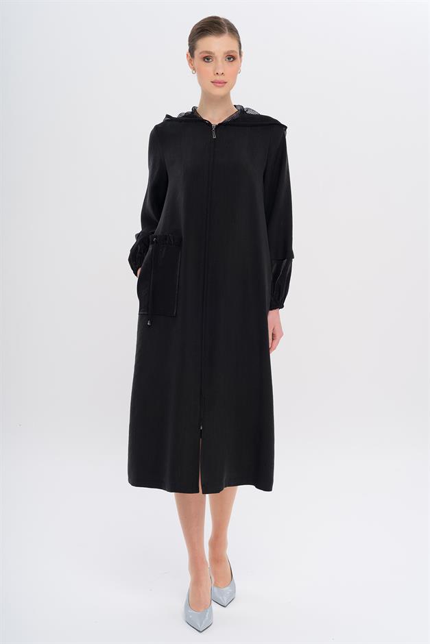 Mesh Hooded Garni Detailed Unlined Modal Coat BLACK 6748