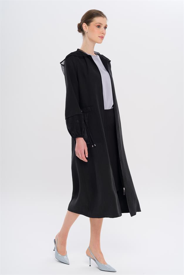 Mesh Hooded Garni Detailed Unlined Modal Coat BLACK 6748