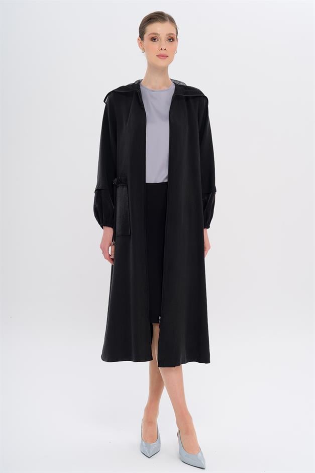 Mesh Hooded Garni Detailed Unlined Modal Coat BLACK 6748