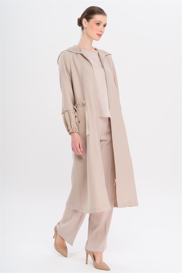 Mesh Hooded Garni Detailed Unlined Modal Coat STONE 6748